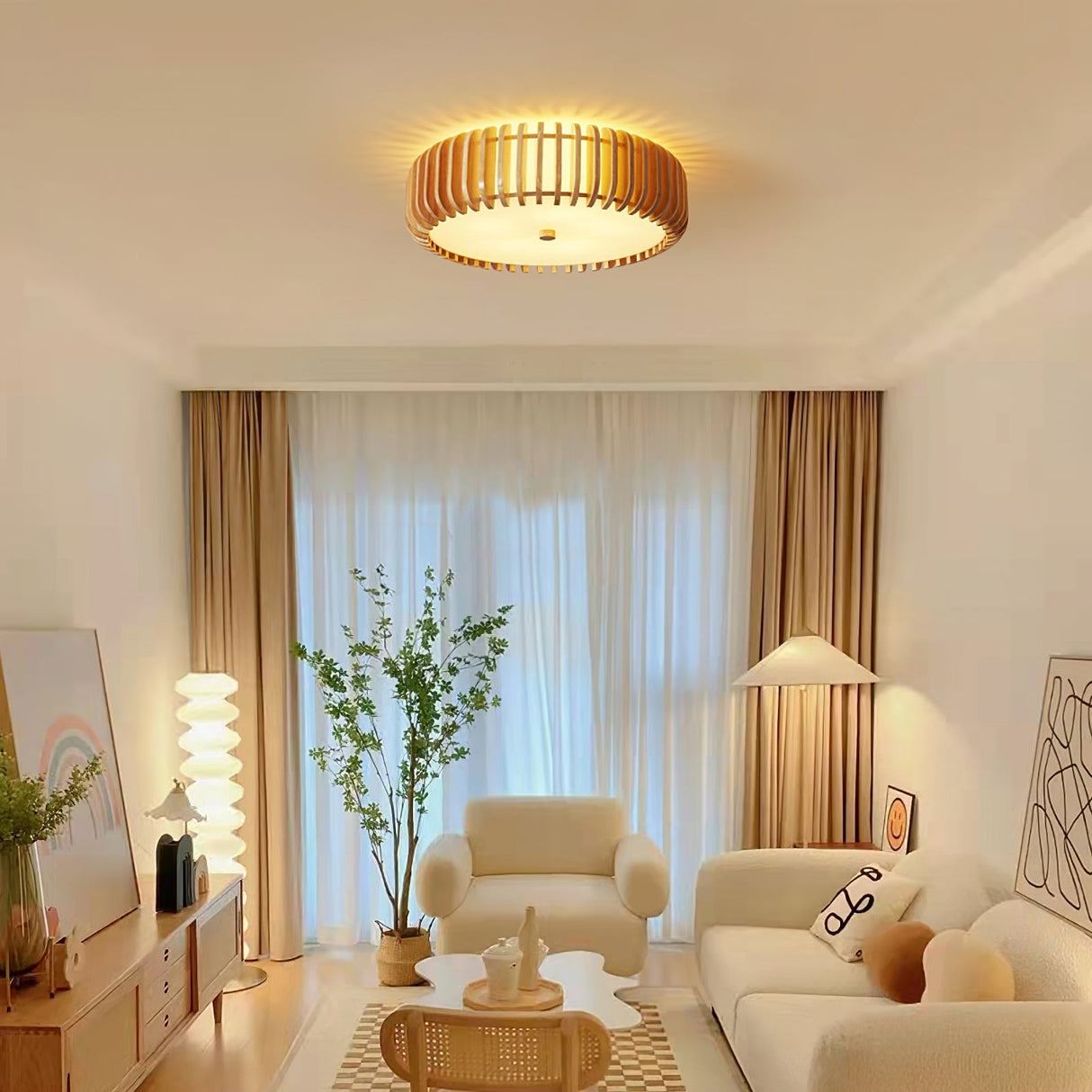 Modern Wooden Ceiling Light Natural Slat Drum Design - Product detail 15