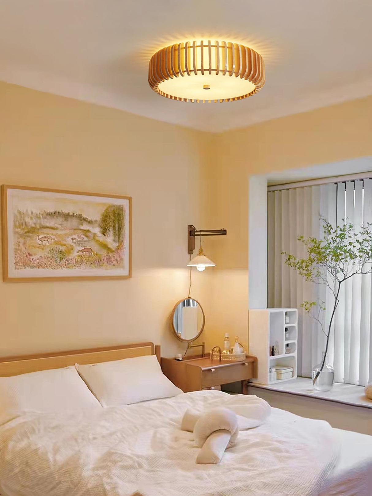 Modern Wooden Ceiling Light Natural Slat Drum Design - Product detail 12