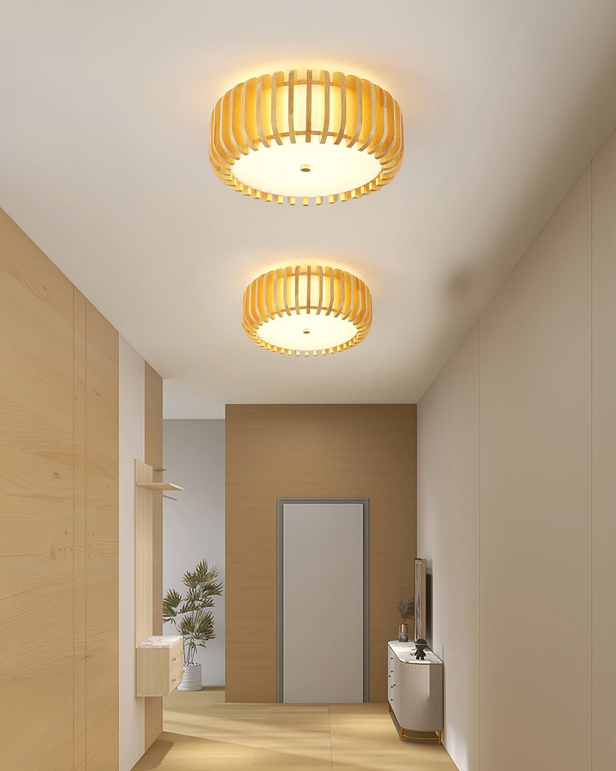 Modern Wooden Ceiling Light Natural Slat Drum Design - Product detail 4
