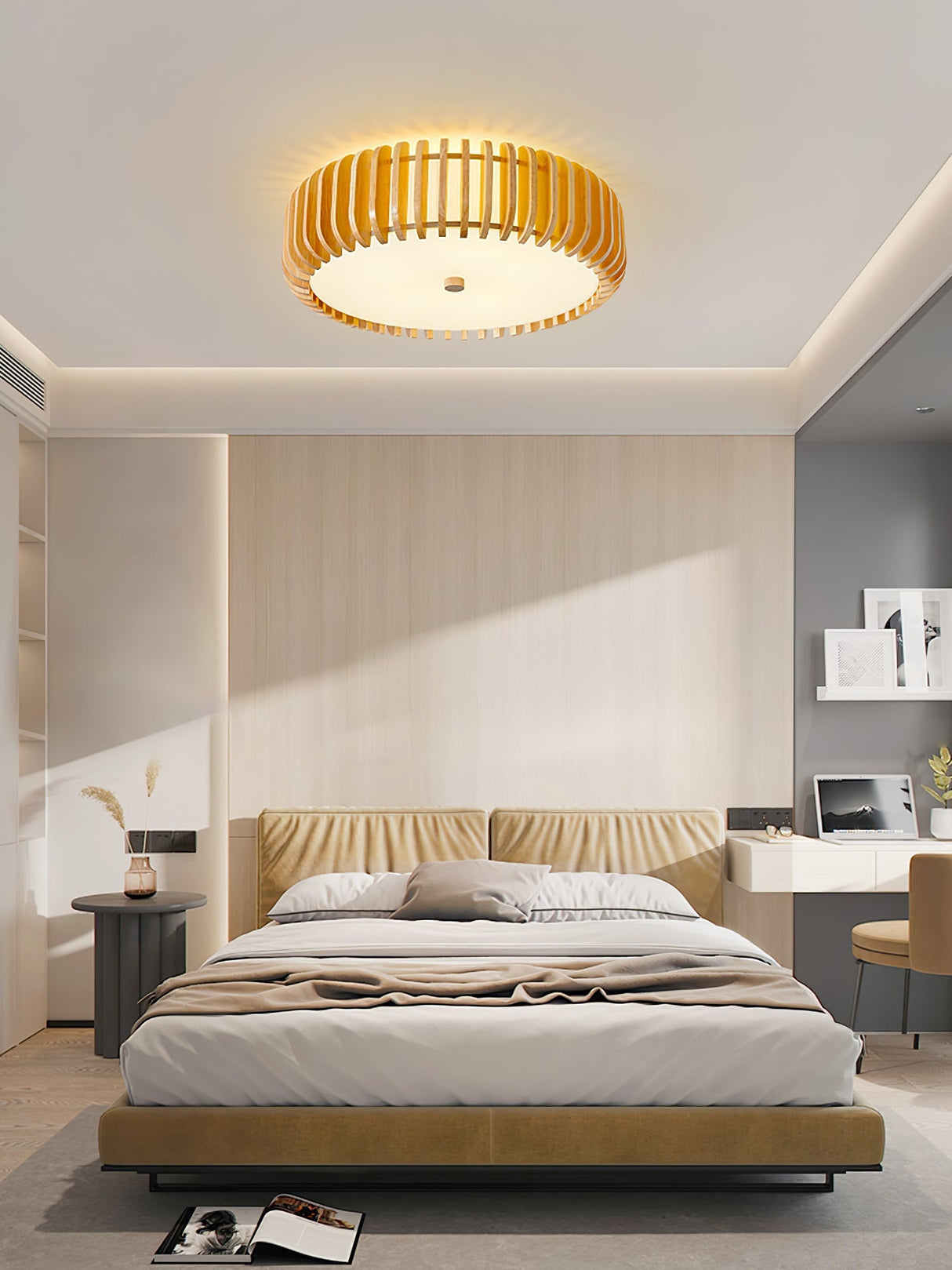 Modern Wooden Ceiling Light Natural Slat Drum Design - Product detail 5