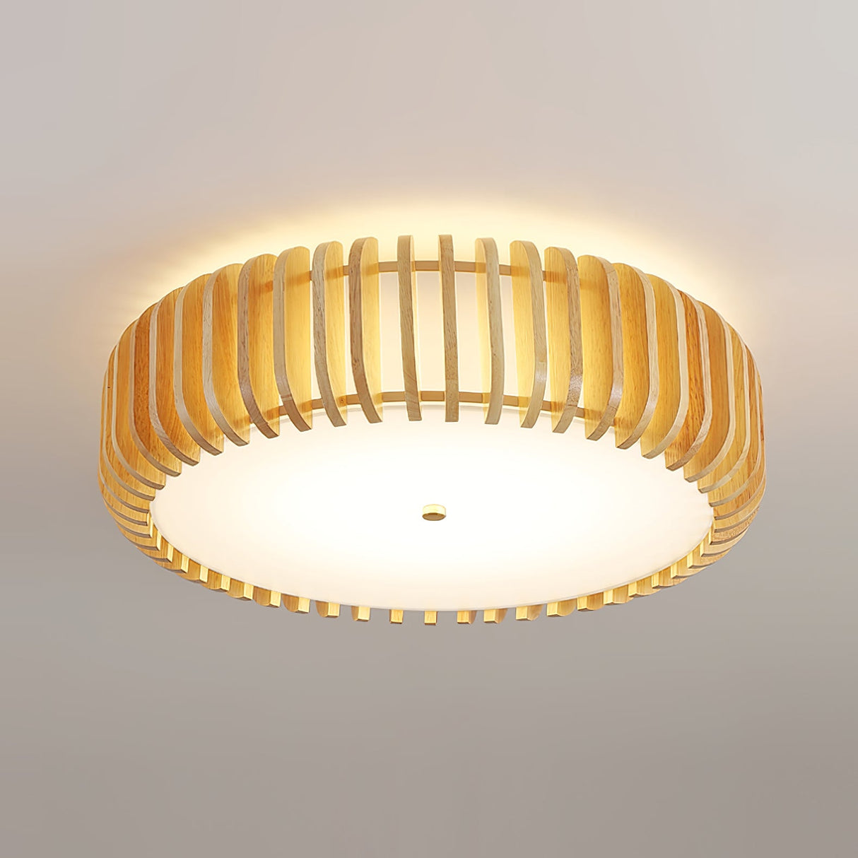 Modern Wooden Ceiling Light Natural Slat Drum Design - Detailed view