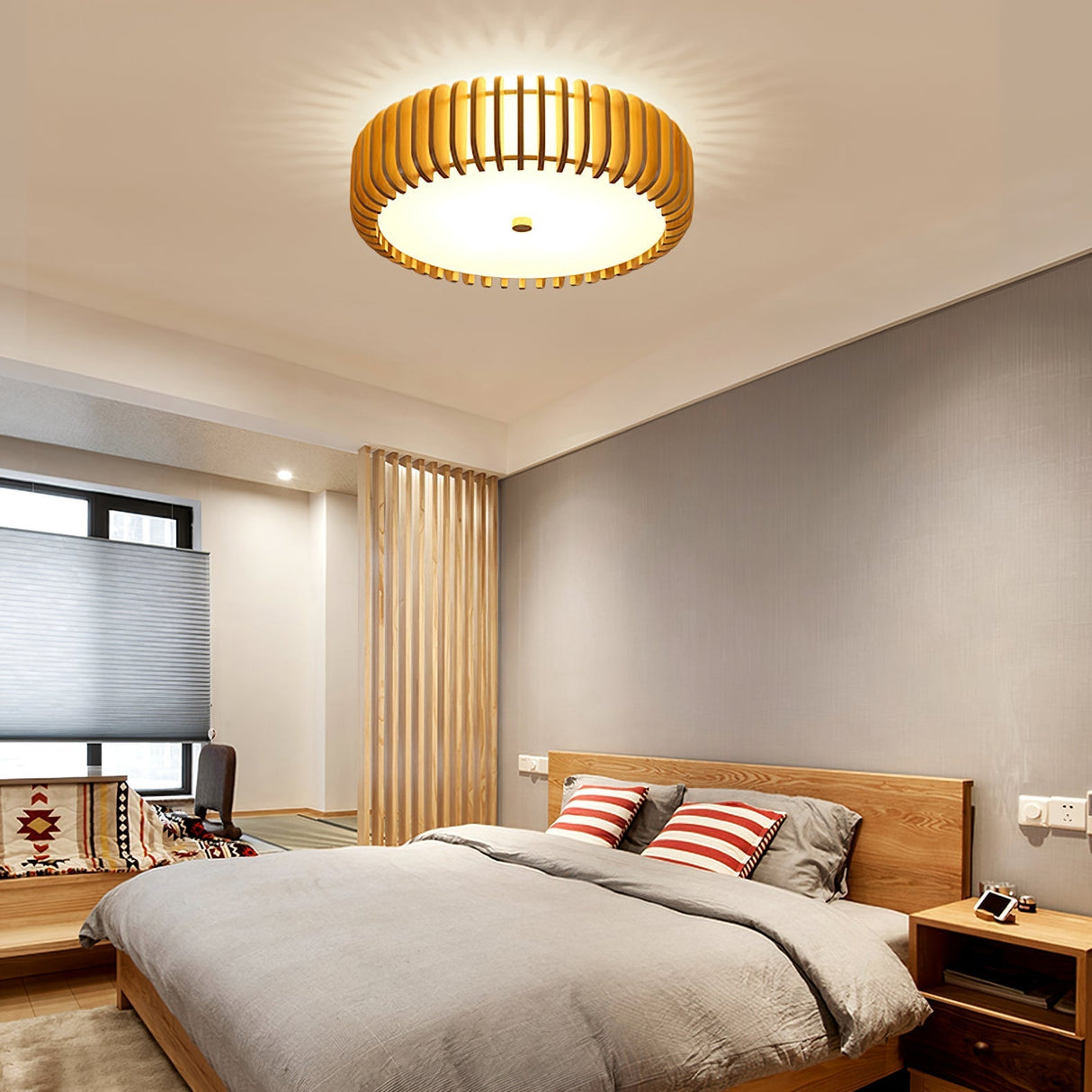 Modern Wooden Ceiling Light Natural Slat Drum Design - Product detail 17