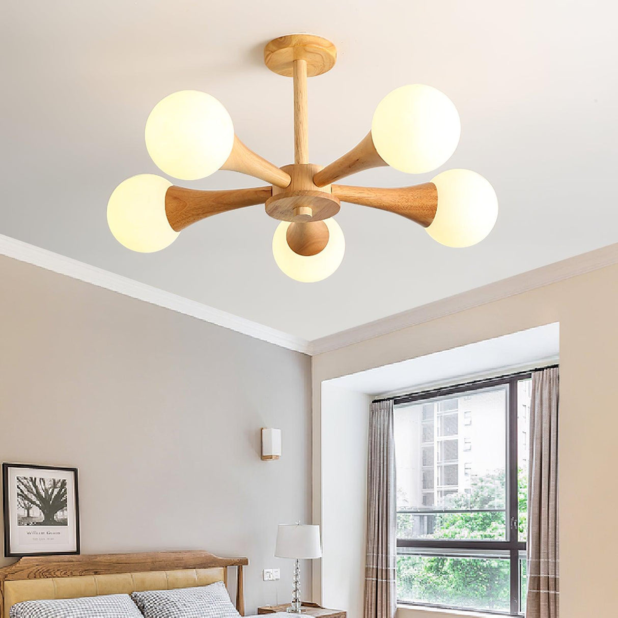 Modern Wooden Ceiling Light  Triple Globe Glass Shades - Detailed view