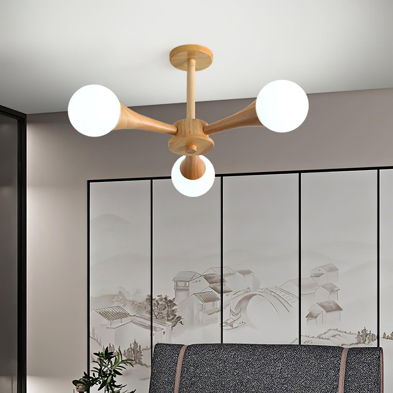 Modern Wooden Ceiling Light  Triple Globe Glass Shades - Product showcase