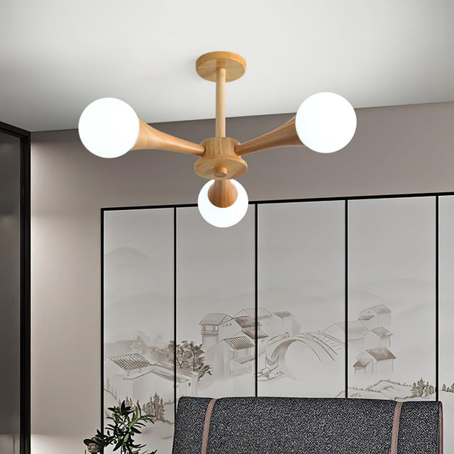 Modern Wooden Ceiling Light  Triple Globe Glass Shades - Product showcase