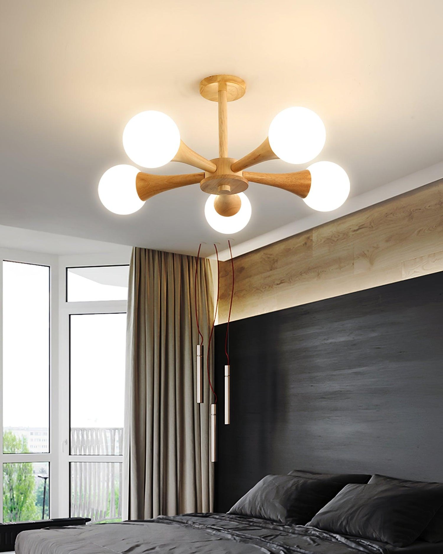 Modern Wooden Ceiling Light  Triple Globe Glass Shades - Product detail 6