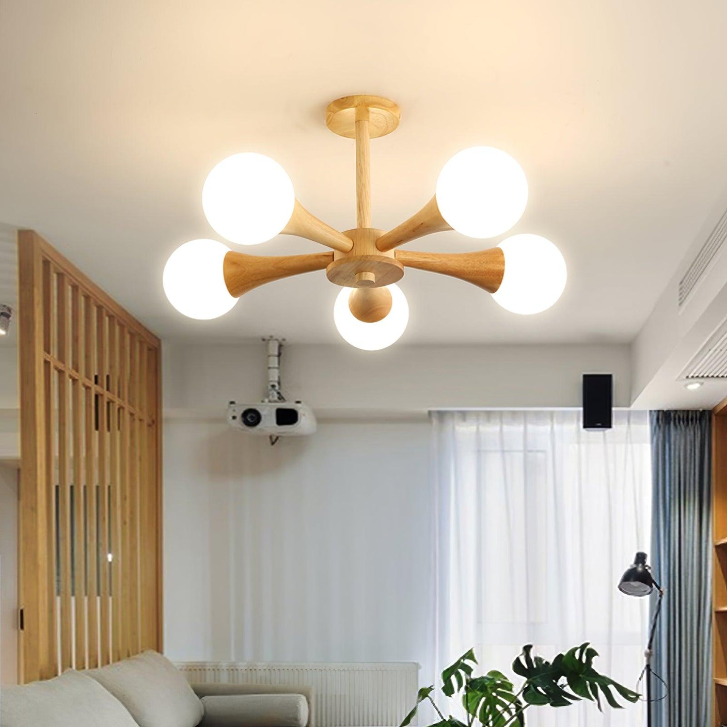 Modern Wooden Ceiling Light  Triple Globe Glass Shades - Product example