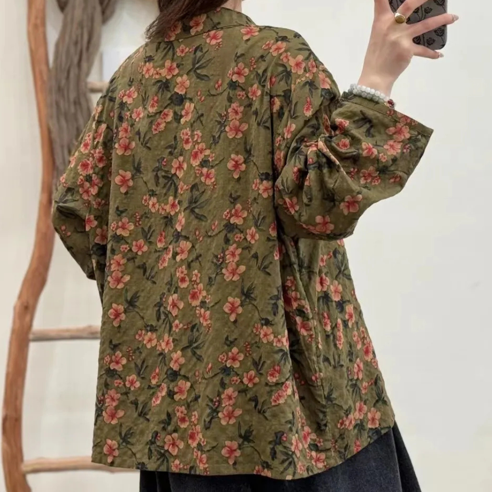 Floral Cotton Blouse Olive Green Botanical Print - Detailed view
