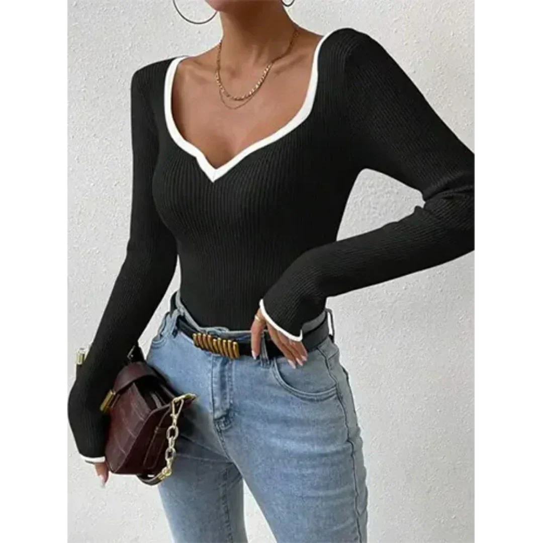 Womens Ribbed V-Neck Top Contrast Trim Long Sleeve Design - Product example