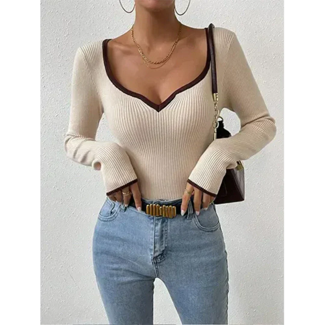 Womens Ribbed V-Neck Top Contrast Trim Long Sleeve Design - Product detail 8
