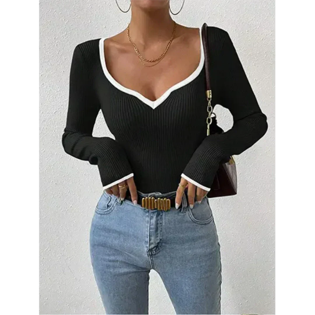 Womens Ribbed V-Neck Top Contrast Trim Long Sleeve Design - Product detail 6