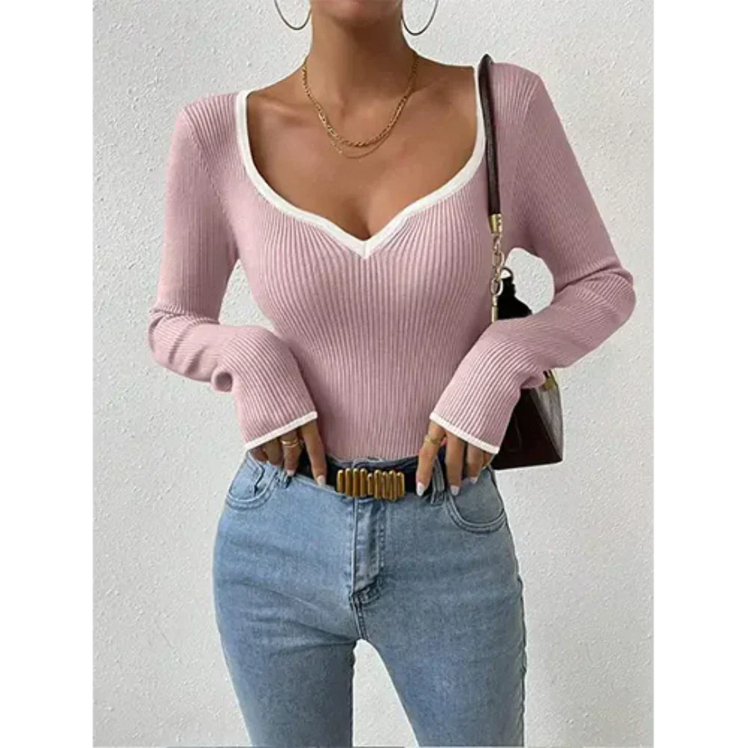 Womens Ribbed V-Neck Top Contrast Trim Long Sleeve Design - Product detail 7