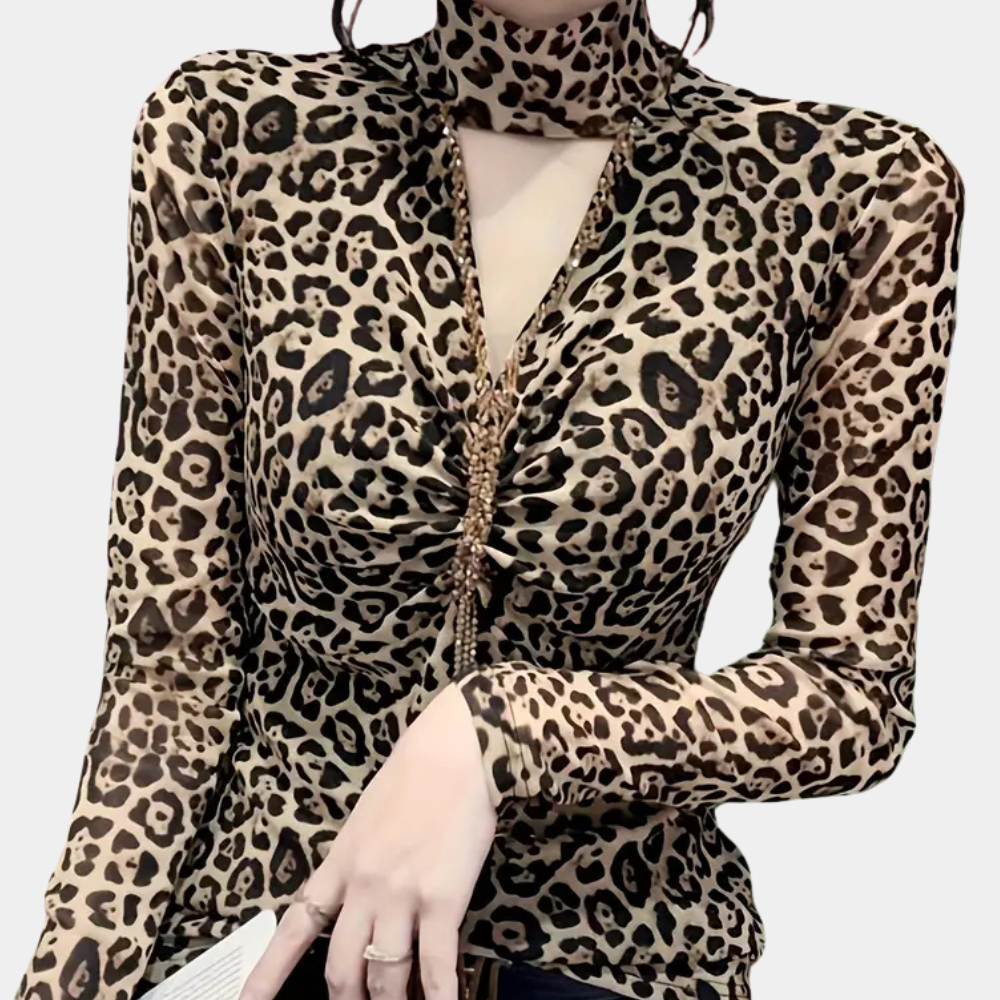 Leopard Print Mesh Top Choker Neck Design - Product detail 4