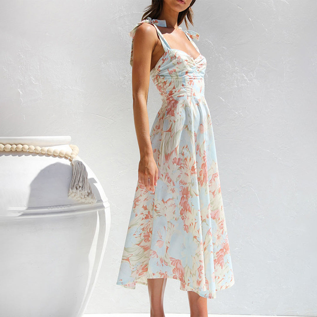 Summer Floral Midi Dress Tie-Shoulder Pastel Print - Product detail 6