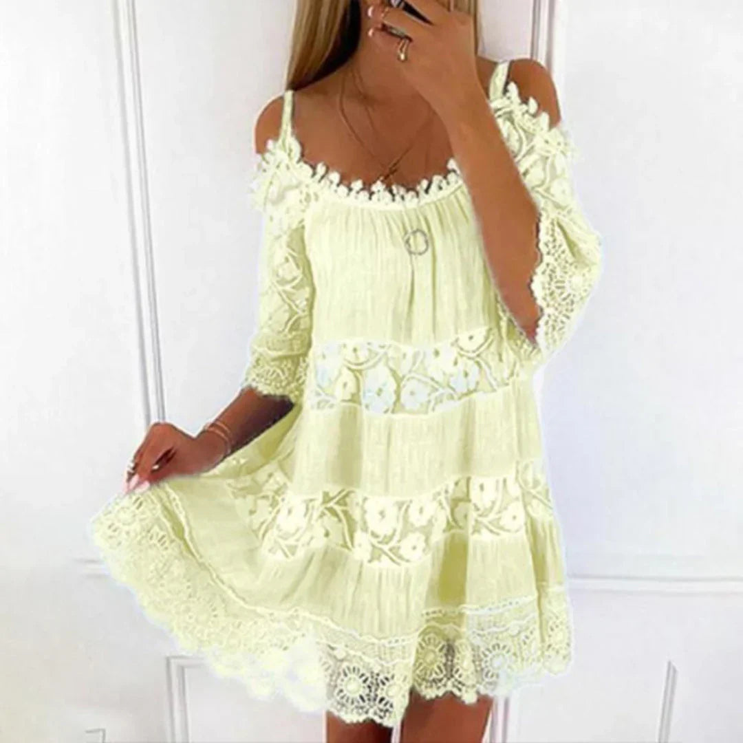 Boho Cotton Mini Dress Lace Embroidered Cold Shoulder Design - Product showcase
