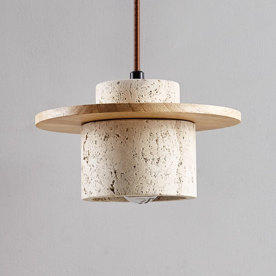 Modern Travertine Pendant Light  Natural Wood Accent Shade - Product example