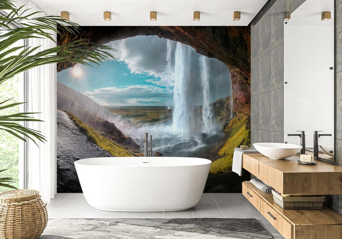 Waterfall Mural Wallpaper | Hidden Cave Vista with Mountain Stream