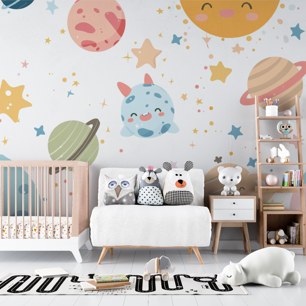 Space Mural Wallpaper | Cute Planets and Stars Design