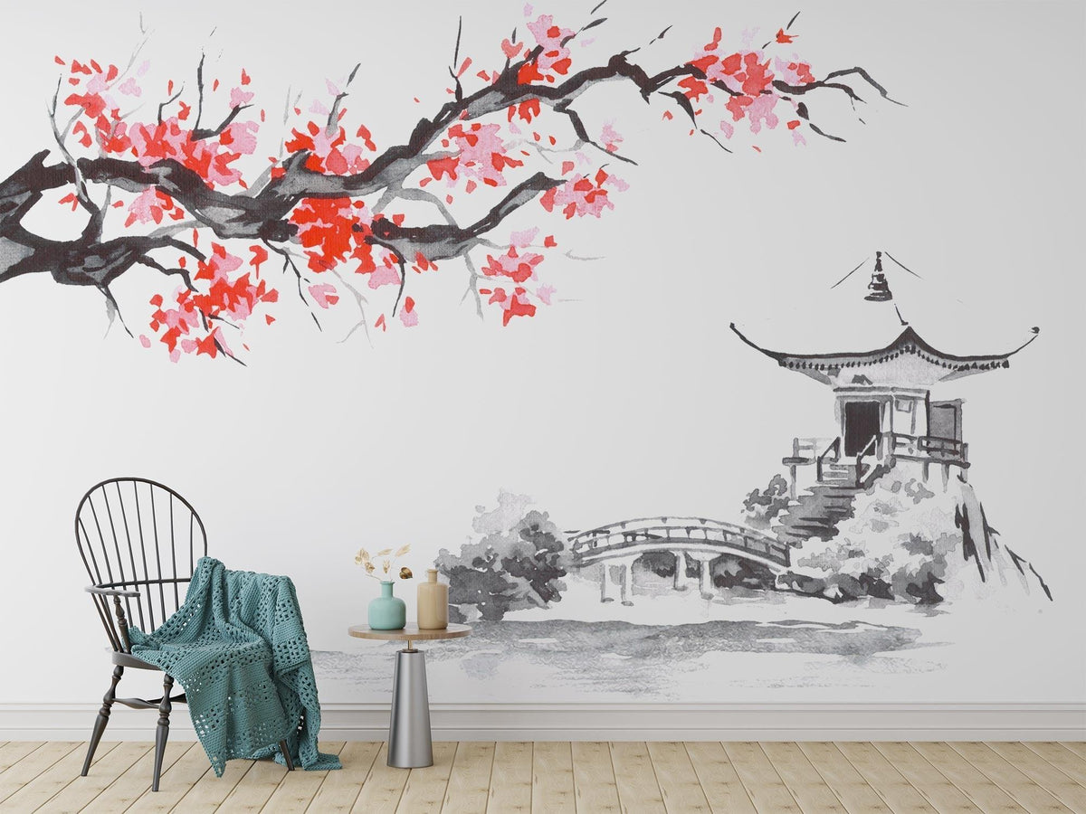 Cherry Blossom Mural Wallpaper | Japanese Sakura Temple Scene