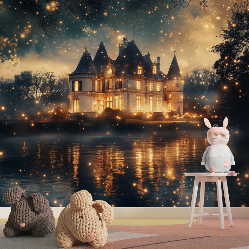 Castle Mural Wallpaper | Enchanted Night With Golden Stars