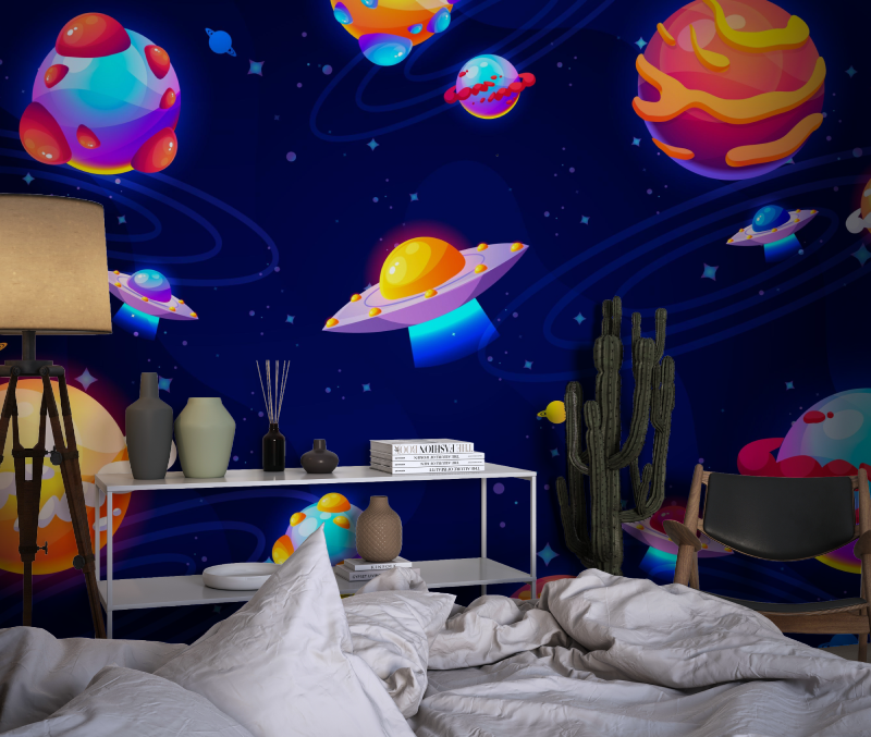 Space Mural Wallpaper | Colorful Galaxy and UFO Design