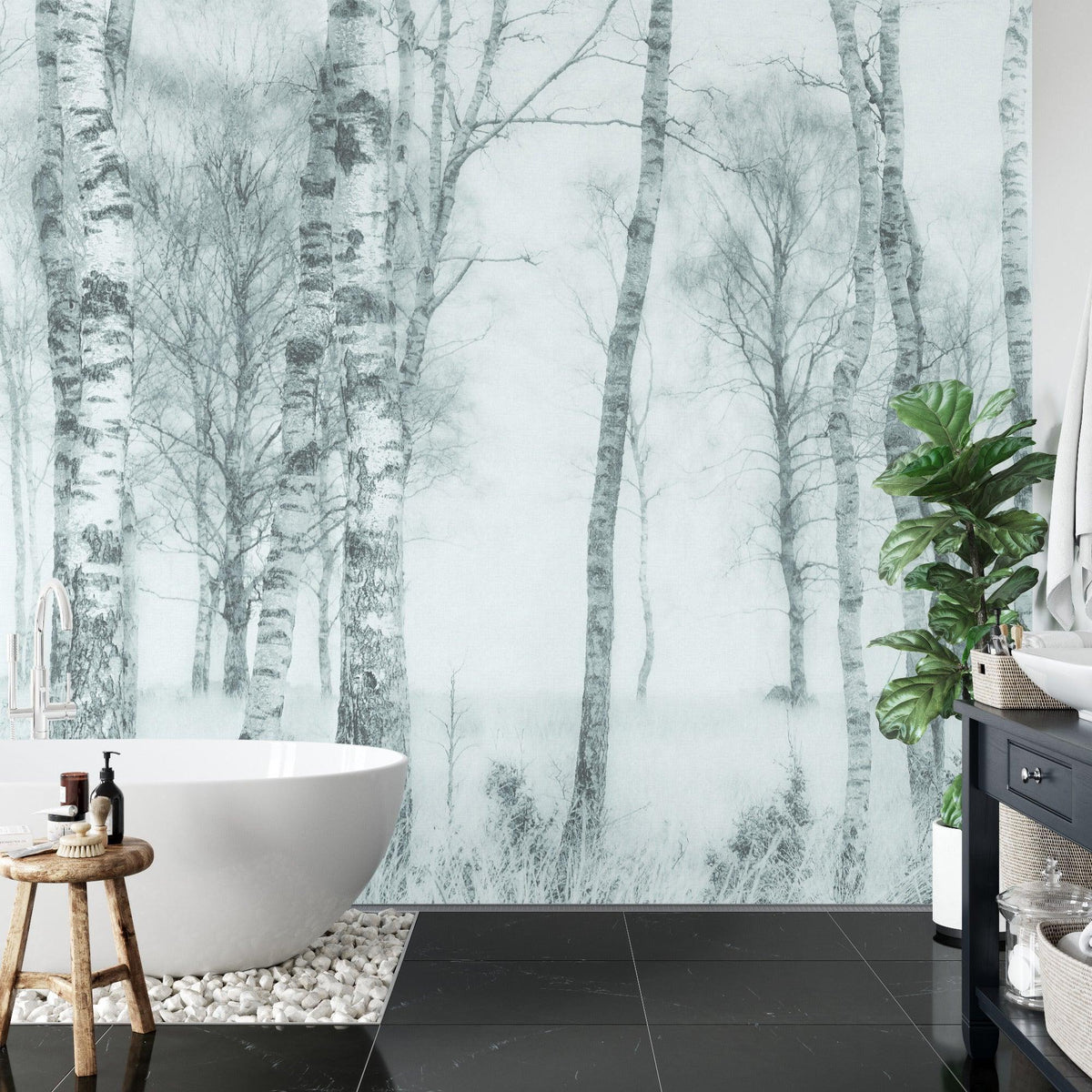Forest Mural Wallpaper | Misty Birch Trees in Black and White