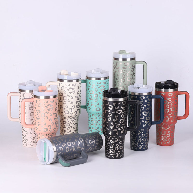 Insulated Travel Mug Leopard Print Design with Handle Straw - Product showcase
