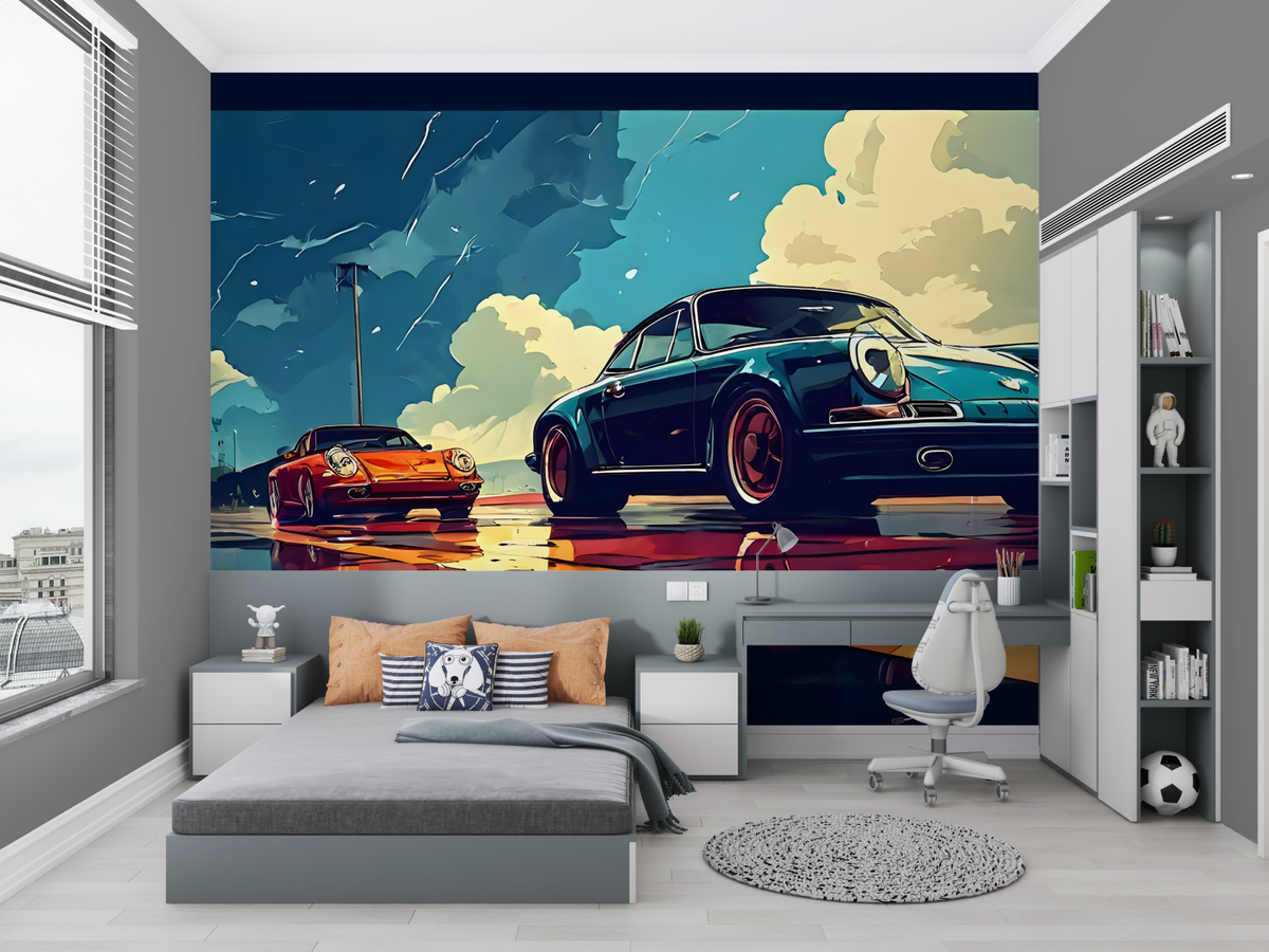 Sports Car Mural Wallpaper | Vintage Porsche Art Design