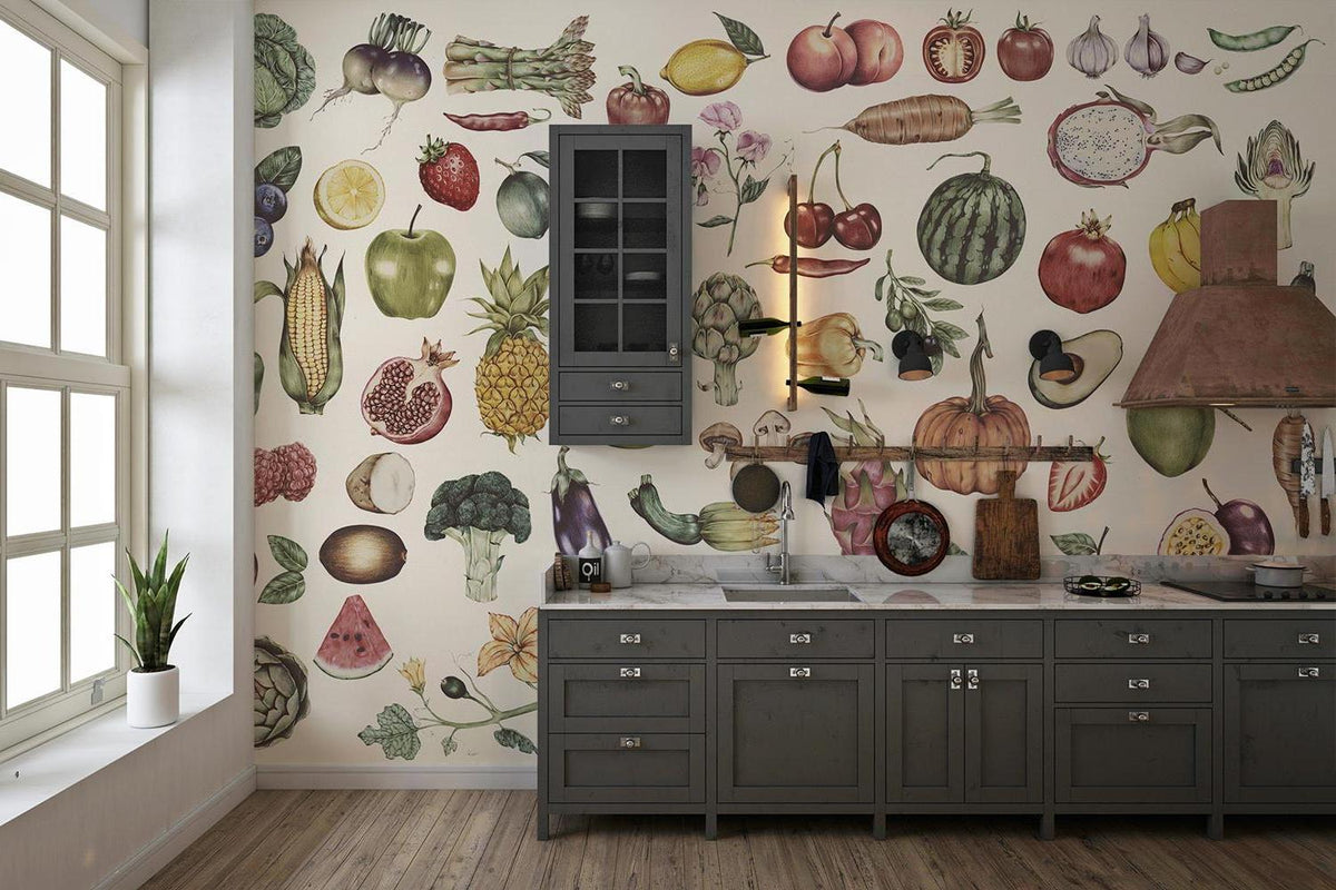 Kitchen Mural Wallpaper | Vintage Botanical Fruits and Vegetables