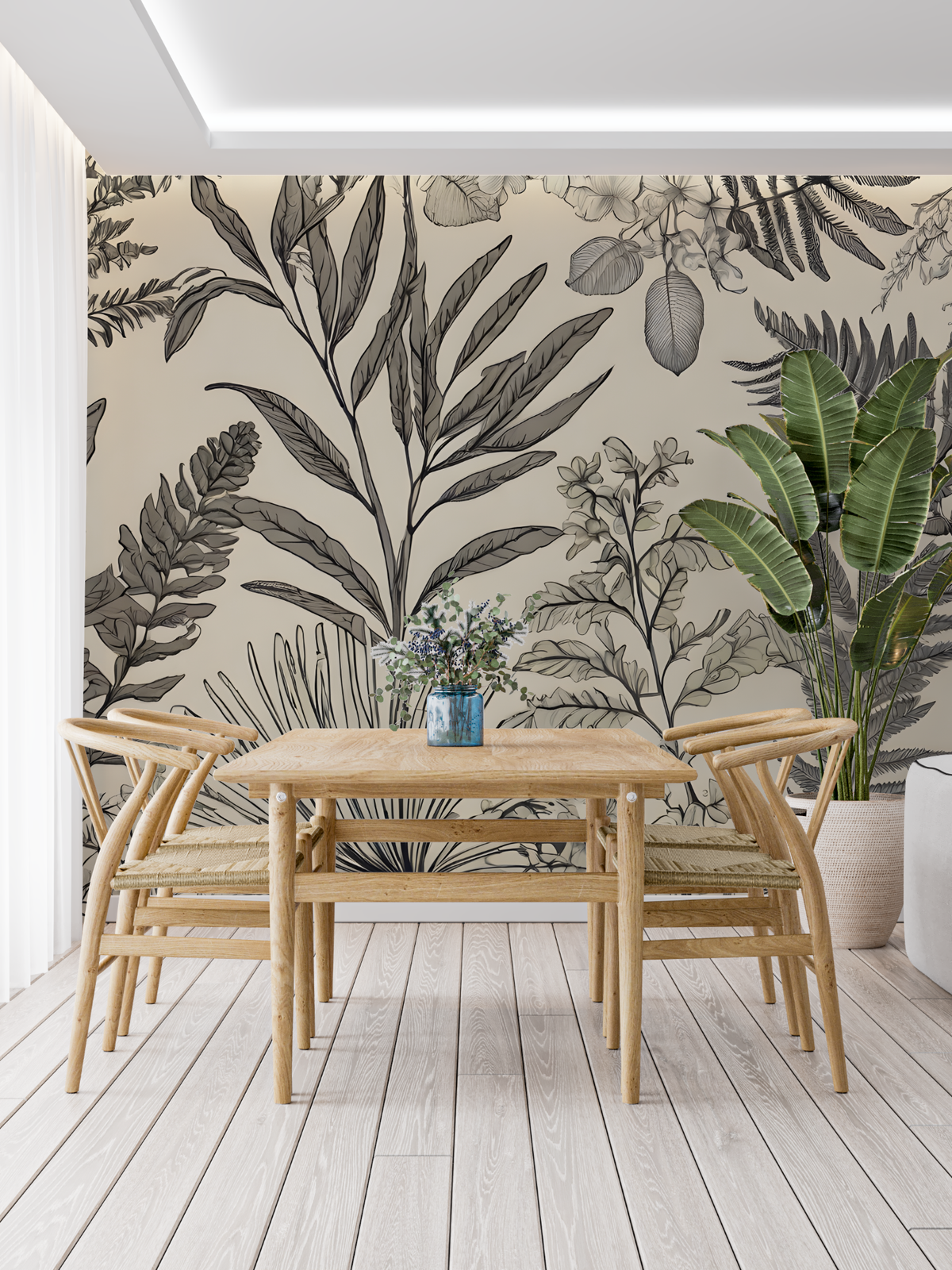 Tropical Foliage Mural Wallpaper | Monochrome Botanical Line Art