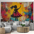 Abstract art wallpaper with dancing girl silhouette bringing creative energy to a modern living room with white furniture