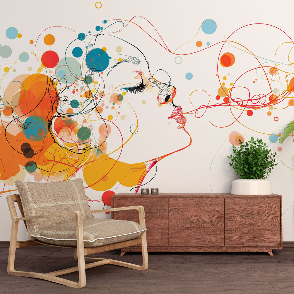 Abstract art wallpaper bringing vibrant energy to a modern living room with white furniture and natural light