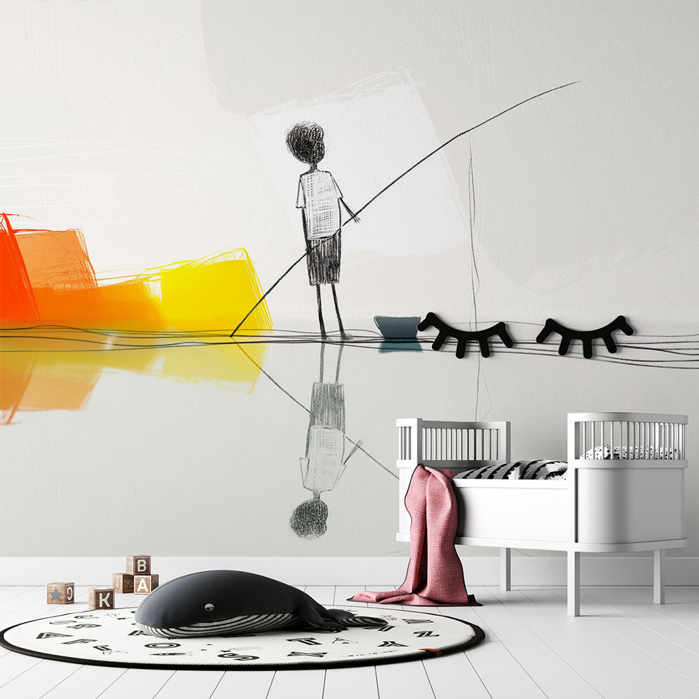 Abstract fishing boy wallpaper creates a modern artistic accent in a bright living room with minimalist furniture