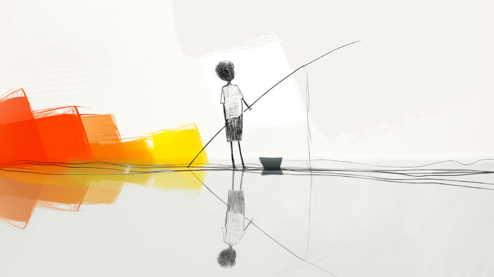 Abstract art wallpaper design file showing minimalist fishing boy silhouette against warm sunset colors