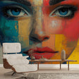 Abstract portrait wall mural in modern living room, featuring vibrant colors and geometric shapes creating visual interest