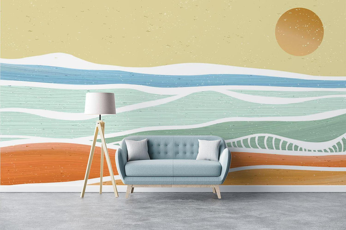 Abstract beach wallpaper creating a calm atmosphere in a modern living room with minimal furniture
