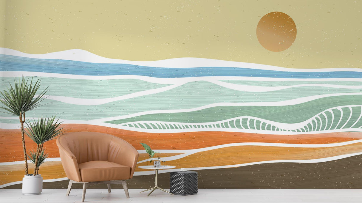 Minimalist wave wallpaper in a sunny master bedroom with coastal decor accents