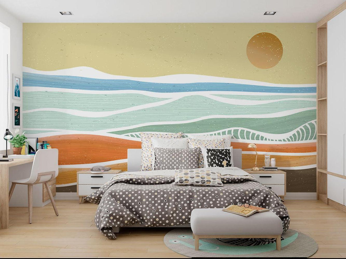 Abstract coastal mural transforming a home office with soft beach-inspired tones
