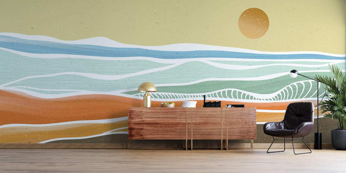 Modern beach wallpaper adding serenity to a meditation room setting