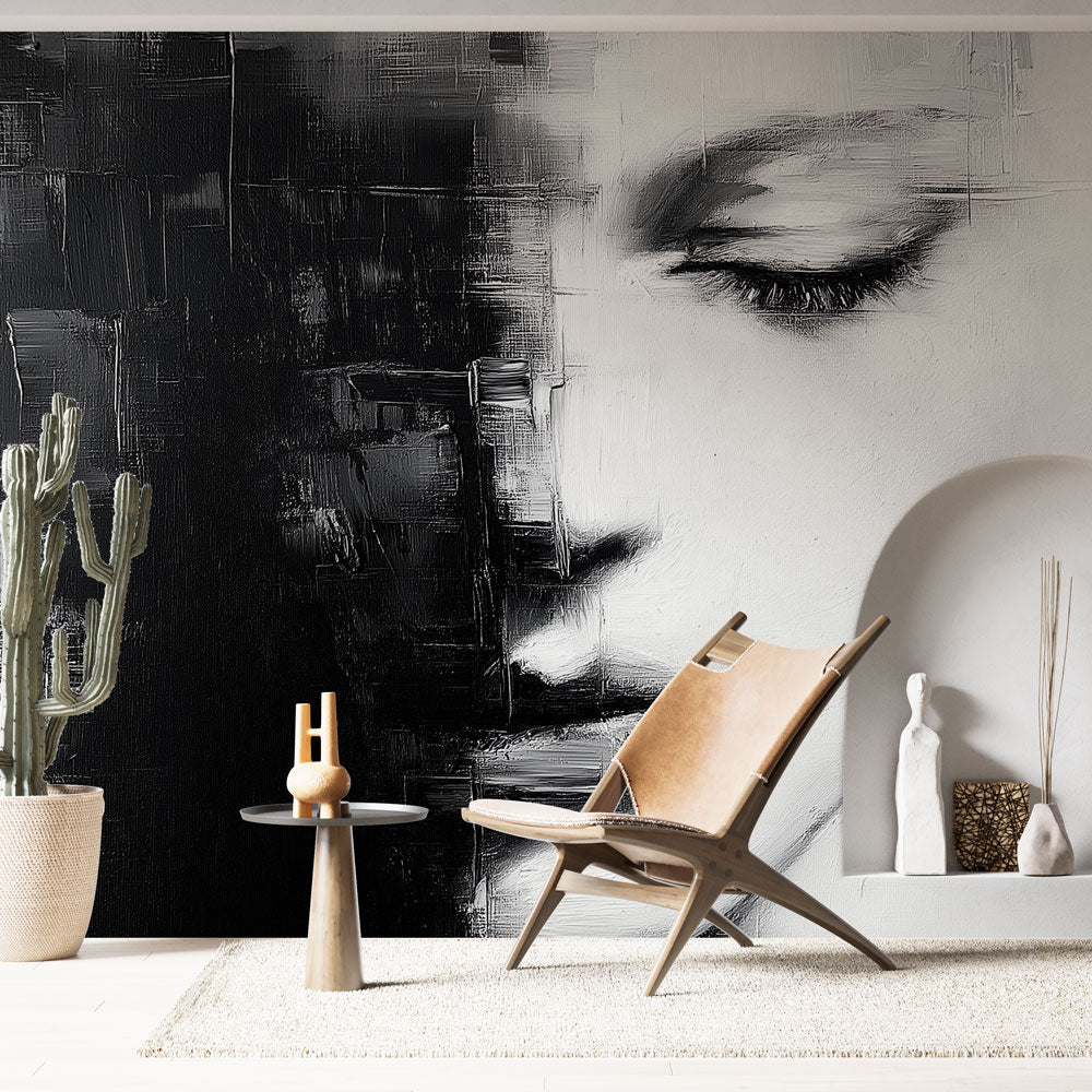 Abstract Face Mural Wallpaper creating dramatic impact in a modern living room with minimalist furniture