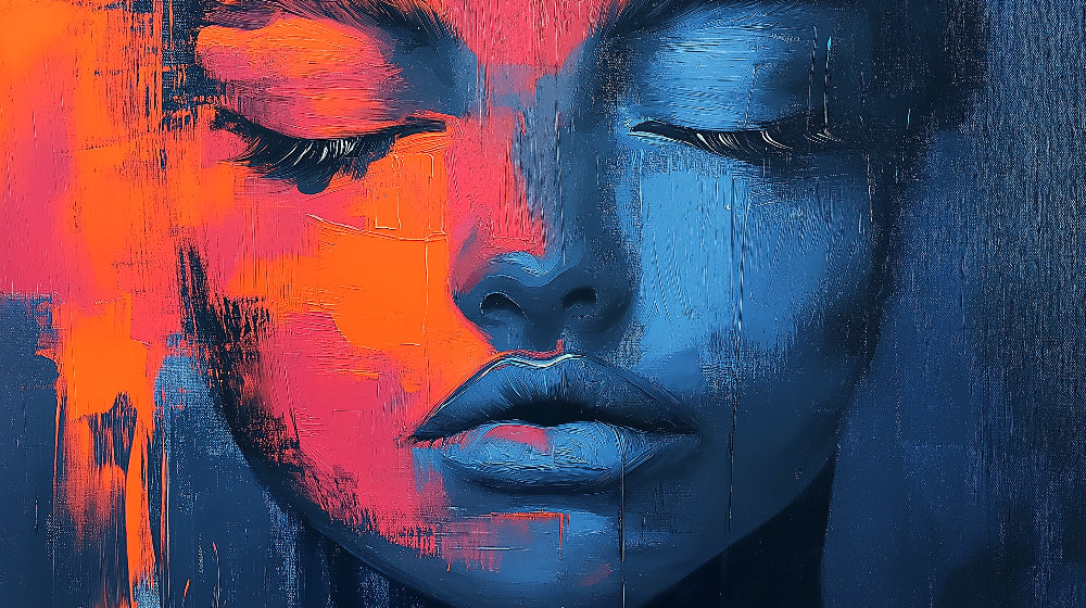 Abstract face portrait design file showing detailed blue and orange artistic pattern