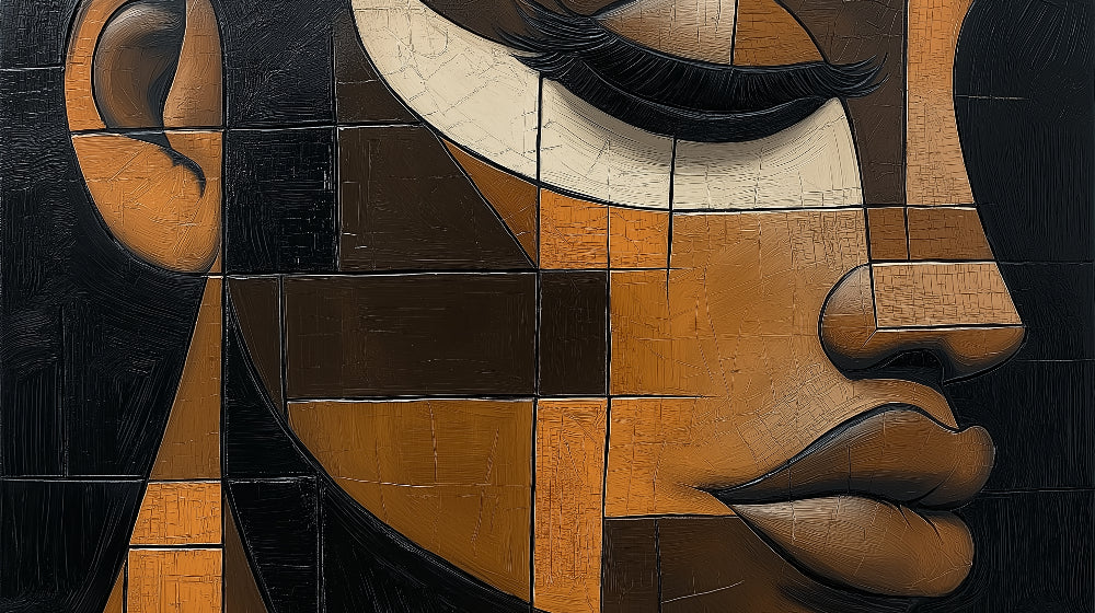 Modern abstract face wallpaper creating a stunning focal point in a minimalist living room with terracotta and black geometric design