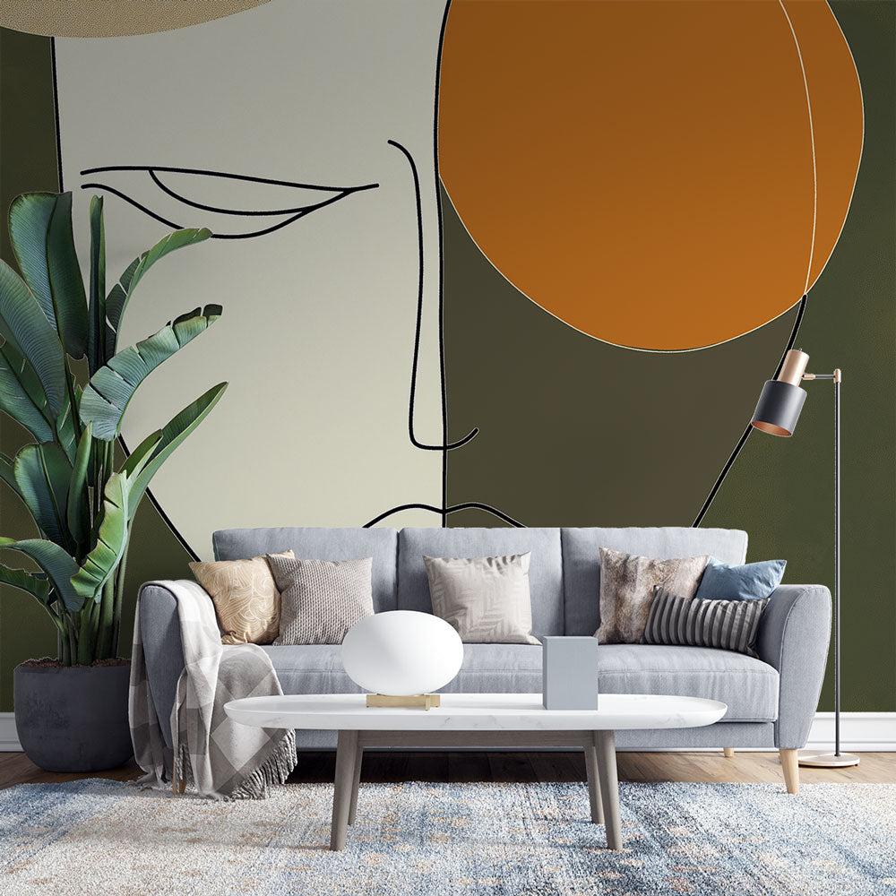 Modern abstract face line art wallpaper styled in a minimalist living room, showcasing orange sun detail against cream walls