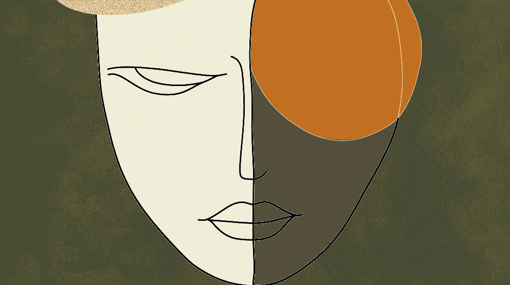 Abstract face line art design file with orange sun detail, showing full pattern and color scheme