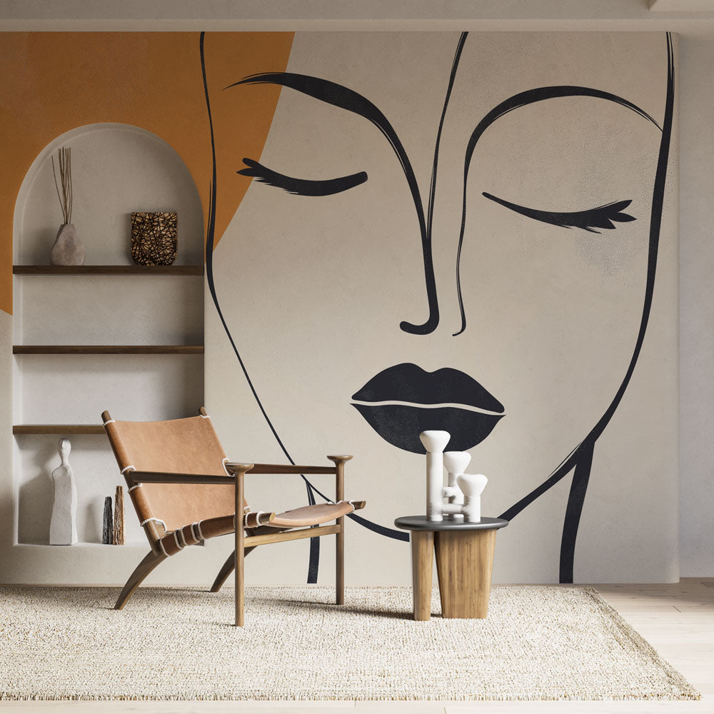 Modern Line Art Face Wallpaper creating a stunning focal point in a bright living room with minimal furniture