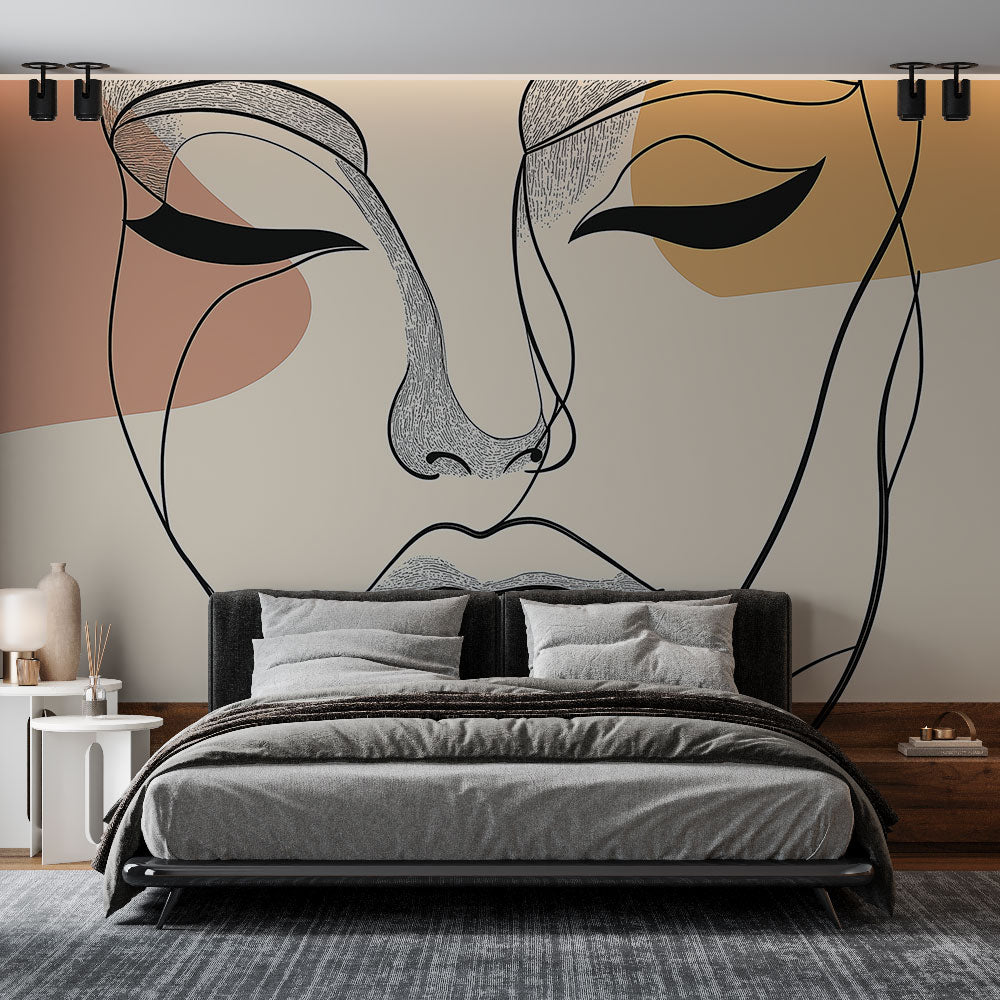 Abstract face line art wallpaper creating a striking focal point in a modern living room with minimal furniture
