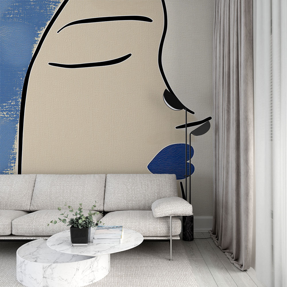 Modern Abstract Face Line Art Wallpaper creating a striking focal point in a minimalist living room with natural lighting