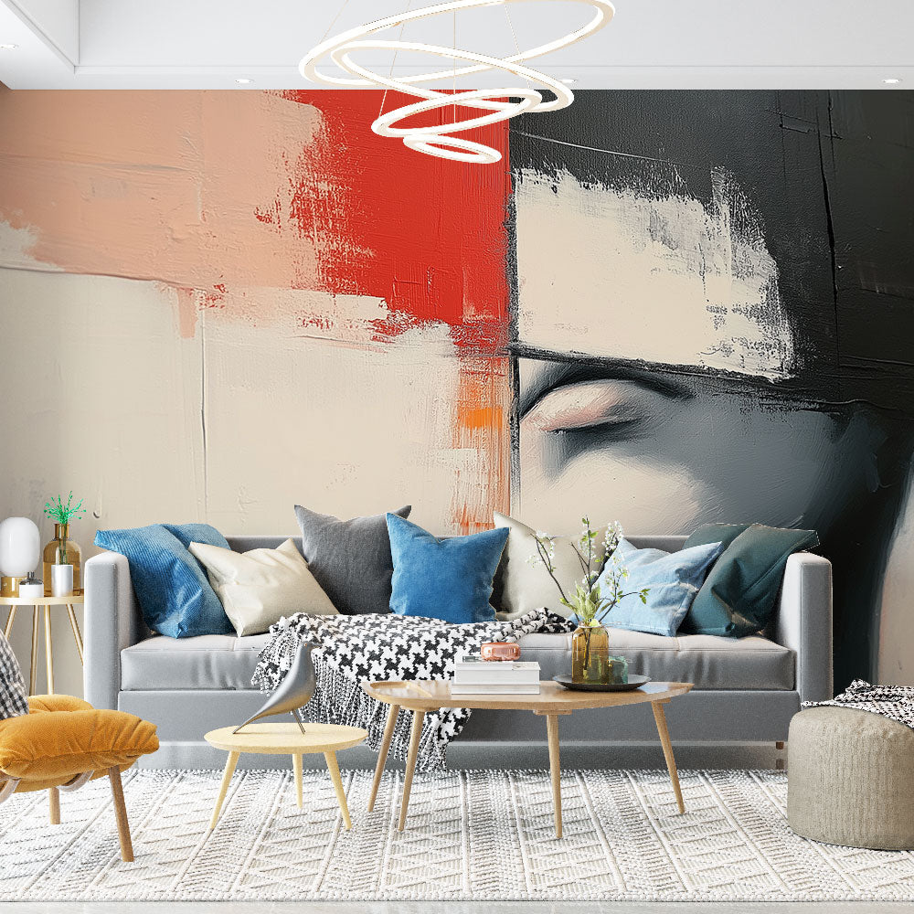 Modern abstract face wallpaper bringing dramatic style to a minimalist living room with red and black artistic elements