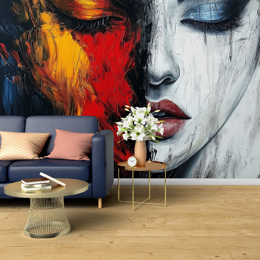 Modern abstract face mural wallpaper creating drama in a minimalist living room with red and white art contrast