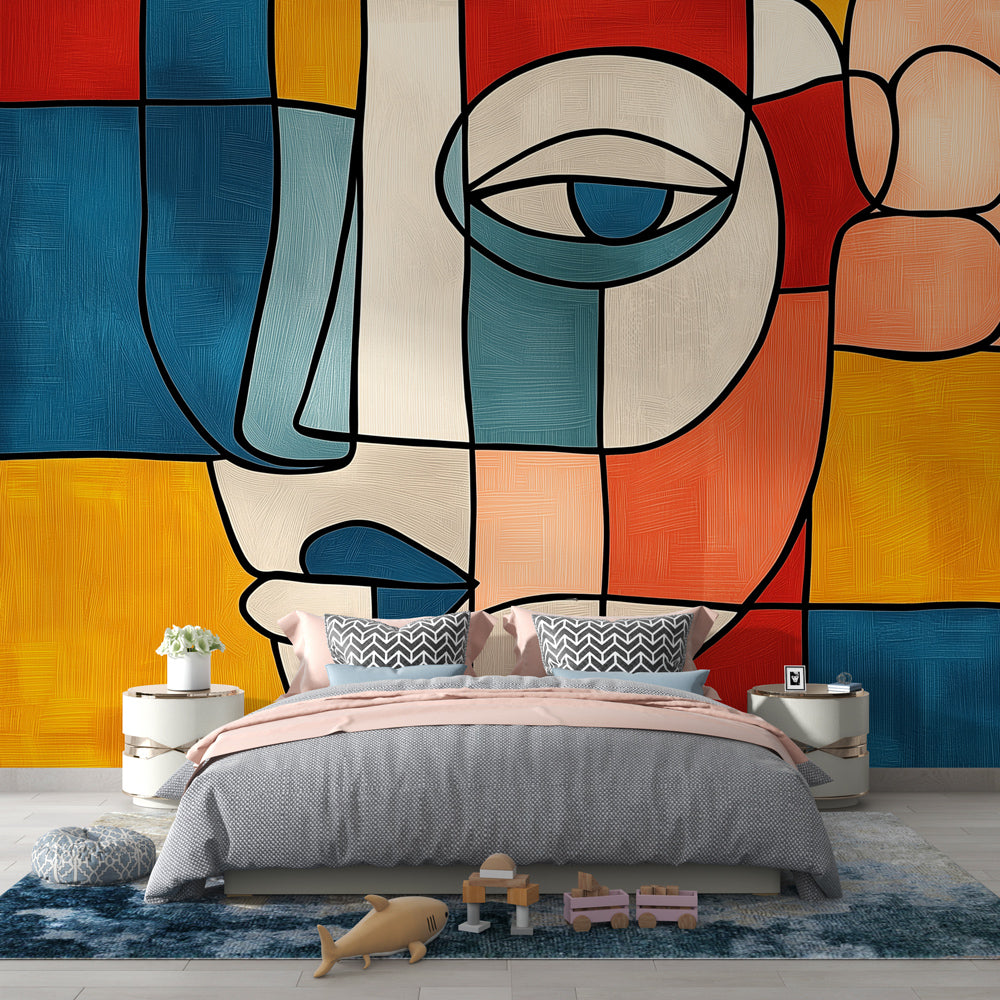 Modern abstract face wallpaper creating a bold statement in a minimalist living room with natural lighting